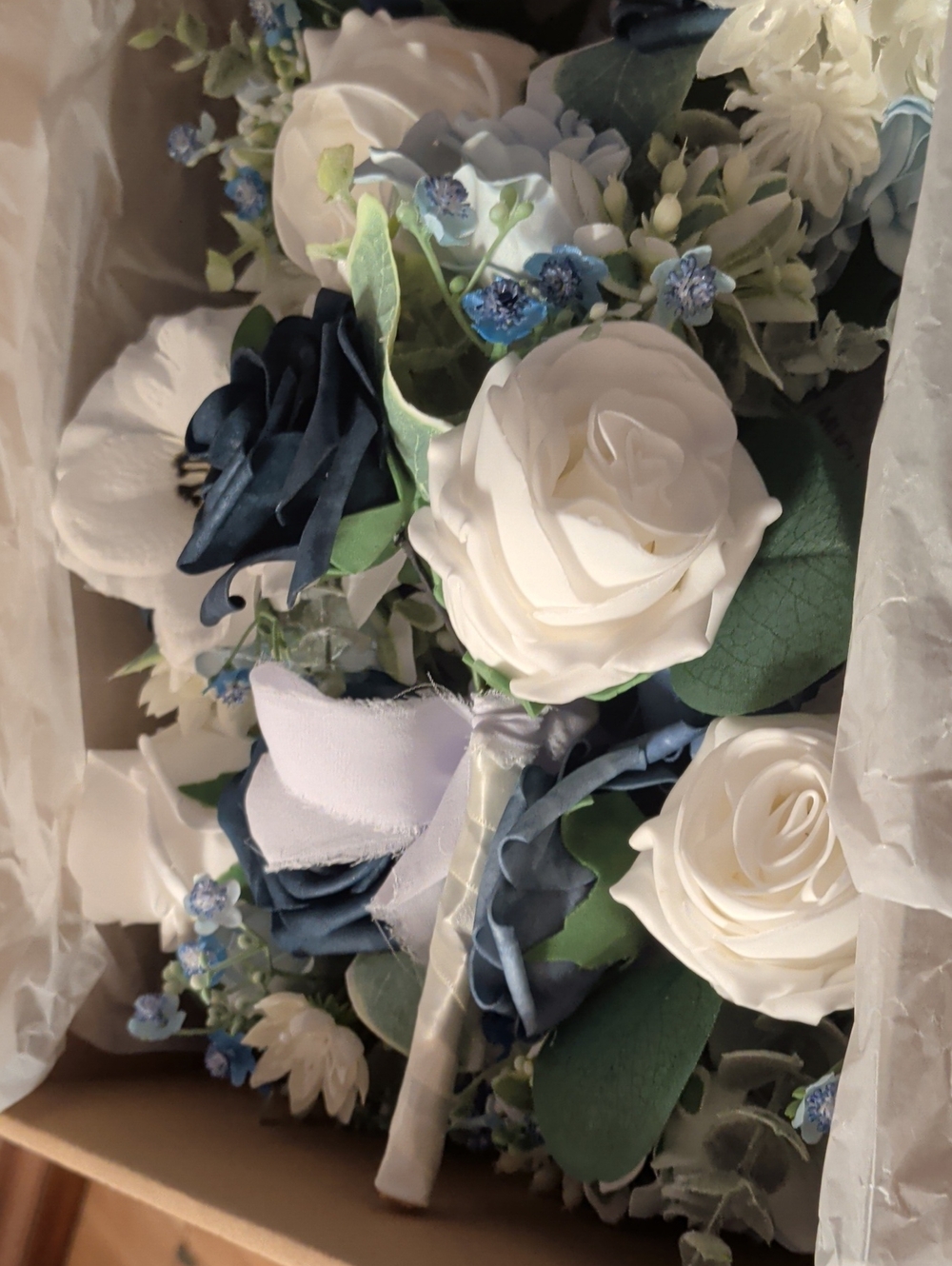 Elegant White and Navy Artificial Rose Bouquet by